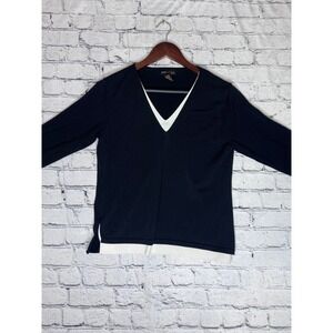 Grace Dane Lewis Petite Black White V Neck Long Sleeve Layered Look Sweater Top‎
